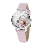 Cool Time Kids Armbanduhr mit Blütenmotiv auf dem Zifferblatt, silbernem Gehäuse und rosa Kunstlederarmband; Produktbild