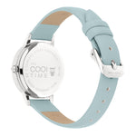 Cool Time Kids Armbanduhr mit einem silbernen Zifferblatt mit glitzernden Schmetterlingen, silbernem Gehäuse und blauem Kunstlederband; Rückansicht