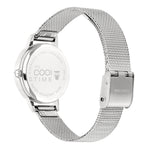 Cool Time Kids Armbanduhr mit einem silbernen Zifferblatt mit glitzernden Schmetterlingen, silbernem Gehäuse und silbernem Meshband; Rückansicht