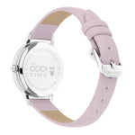 Cool Time Kids Armbanduhr mit Blütenmotiv auf dem Zifferblatt, silbernem Gehäuse und rosa Kunstlederarmband; Rückansicht