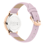 Cool Time Kids Armbanduhr mit Blütenmotiv auf dem Zifferblatt, roségoldenem Gehäuse und rosa Kunstlederarmband; Rückansicht