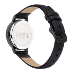 Cool Time Kids Armbanduhr mit Blütenmotiv auf dem Zifferblatt, schwarzem Gehäuse und schwarzem Kunstlederarmband; Rückansicht