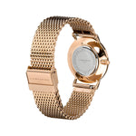 Liebeskind Berlin Armbanduhr mit schwarzem Zifferblatt, roségoldenen Indizes, roségoldenem Gehäuse und roségoldenem Meshband; Produktbild