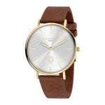 LIEBESKIND BERLIN Armbanduhr - Keep Loving: Stylische Damenuhr von Liebeskind Berlin mit goldenem Edelstahlgehäuse, braunem Lederarmband und silbernem, minimalistischem Zifferblatt.