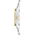 Liebeskind Berlin Armbanduhr mit silbernem Gehäuse, goldener geriffelten Lünette, Multifunktionswerk und bicolor gold silbernem Edelstahlband Seitenansicht