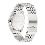 Liebeskind Berlin Armbanduhr mit silbernem Zifferblatt, geriffelter Lünette, silbernem Gehäuse, Multifunktionswerk und silbernem Edelstahlband Rückansicht