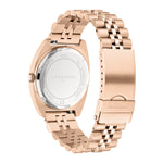 Liebeskind Berlin Armbanduhr mit roségoldenem Gehäuse, geriffelter Lünette, Multifunktionswerk und roségoldenem Edelstahlband Rückansicht