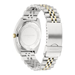 Liebeskind Berlin Armbanduhr mit silbernem Gehäuse, goldener geriffelten Lünette, Multifunktionswerk und bicolor gold silbernem Edelstahlband Rückansicht