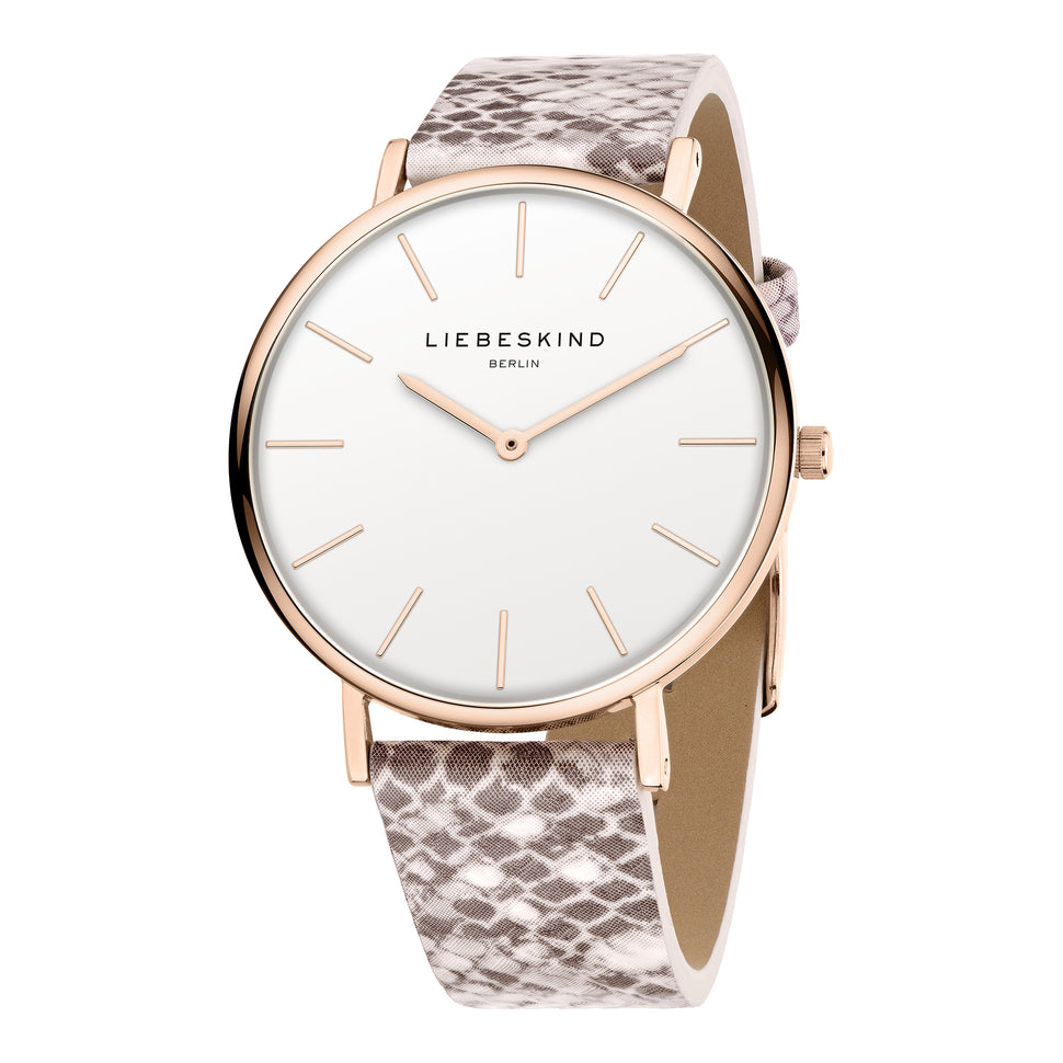 Liebeskind Berlin Armbanduhr mit roségoldenem Gehäuse und Lederband im Schlangendesign Zusatzbild