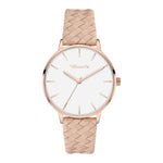 Tamaris Armbanduhr mit roségoldenem Gehäuse und Indizes und roségold geflochtenem Lederband Produktbild