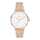 Tamaris Armbanduhr mit roségoldenem Gehäuse und Indizes und roségold geflochtenem Lederband Produktbild