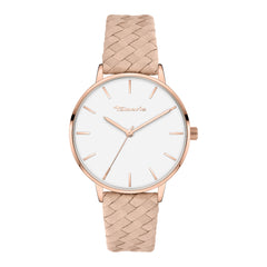 Tamaris Armbanduhr mit roségoldenem Gehäuse und Indizes und roségold geflochtenem Lederband Produktbild