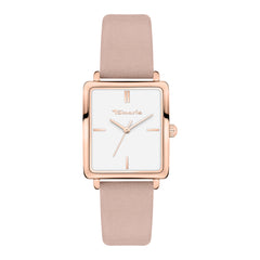 Tamaris Armbanduhr mit eckigem roségoldenem Gehäuse und rosa Lederband Produktbild