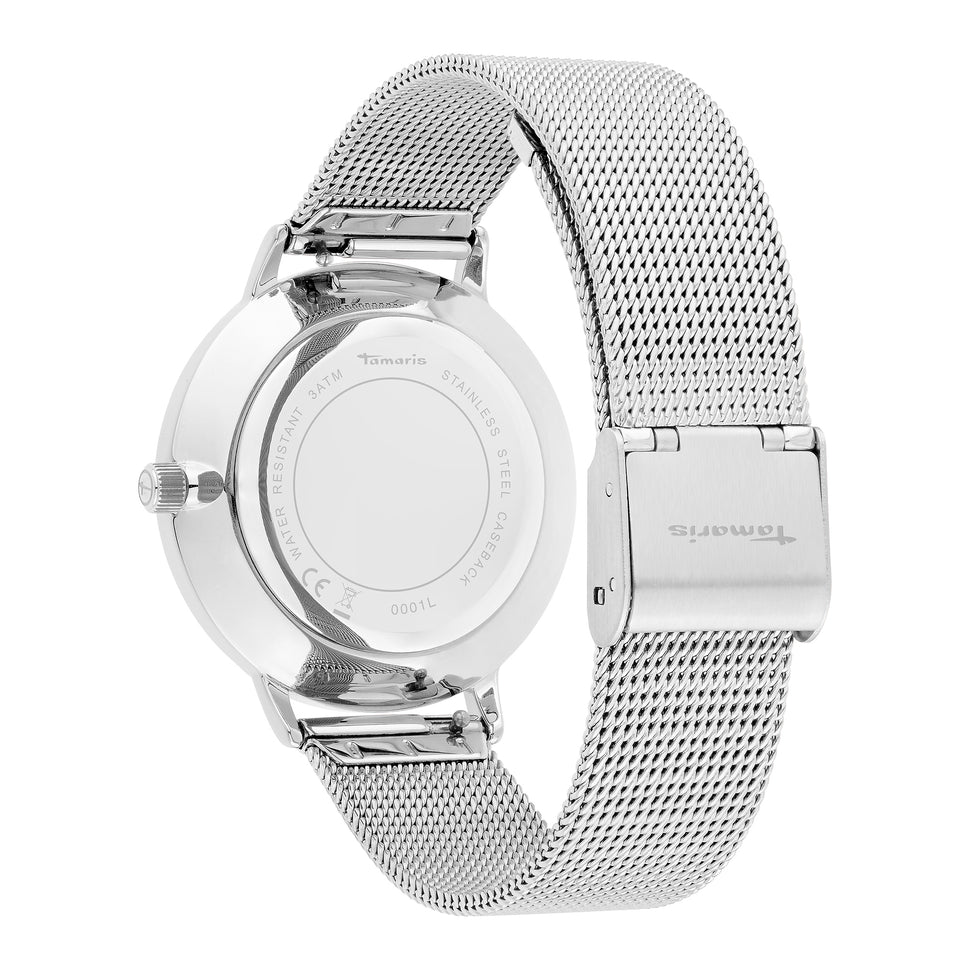 Tamaris Armbanduhr mit silbernem Gehäuse und silbernem Mesh-Armband Rückansicht