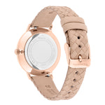 Tamaris Armbanduhr mit roségoldenem Gehäuse und Indizes und roségold geflochtenem Lederband Rückansicht