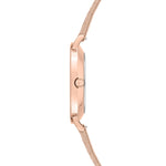 Tamaris Armbanduhr mit roségoldenem Gehäuse und Indizes und roségold geflochtenem Lederband Seitenansicht