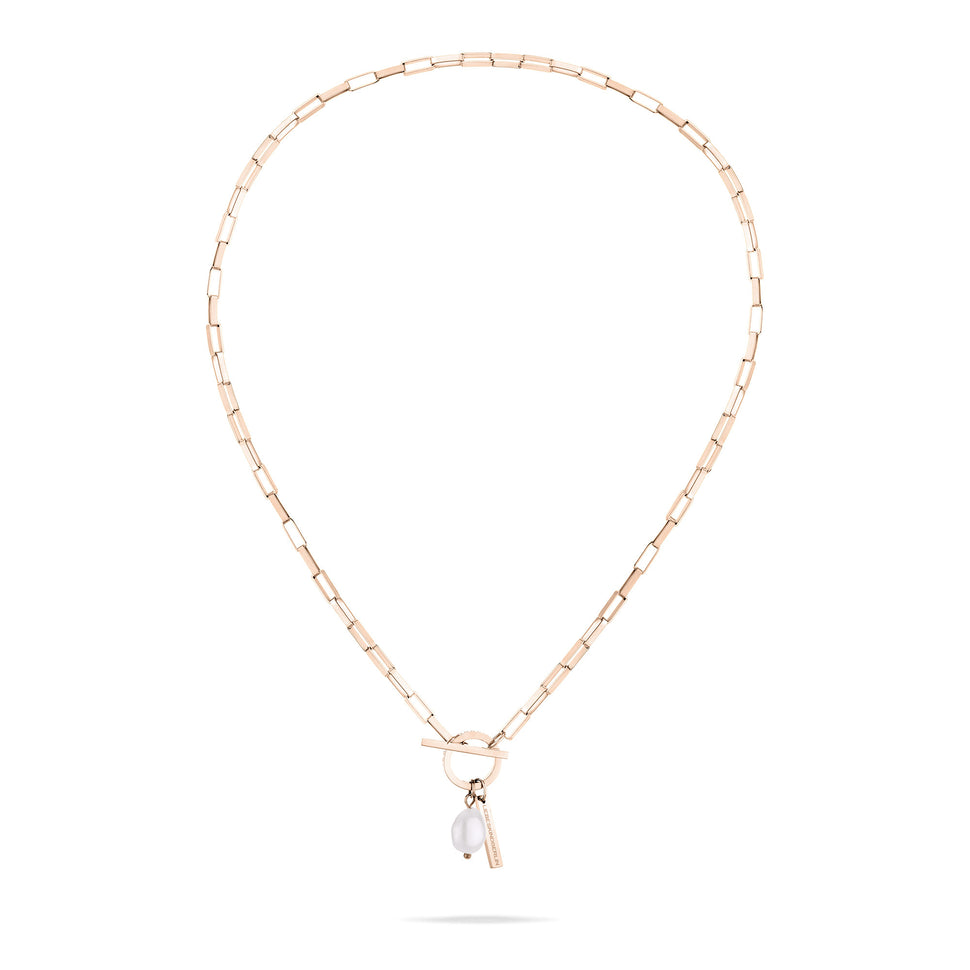 Liebeskind Berlin Halskette aus rechteckigen Gliedern mit T-Bar-Verschluss und Baroque Pearl in der Farbe roségold Zusatzbild  