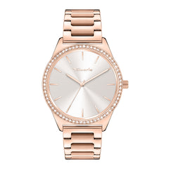 Tamaris Armbanduhr mit silbernem Zifferblatt, glassteinbesetzter Lünette, roségoldenem Gehäuse und teilmatt roségoldenem Edelstahlband Produktbild