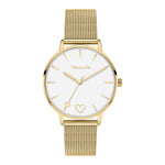 Tamaris Armbanduhr mit goldenem Herzdetail auf dem Zifferblatt, goldenem Gehäuse und goldenem Meshband Produktbild