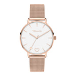 Tamaris Armbanduhr mit roségoldenem Herzdetail auf dem Zifferblatt, roségoldenem Gehäuse und roségoldenem Meshband Produktbild
