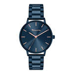 Tamaris Armbanduhr mit blauem Zifferblatt mit roségoldenen Indizes, blauem Gehäuse und blauem Edelstahlband Produktbild