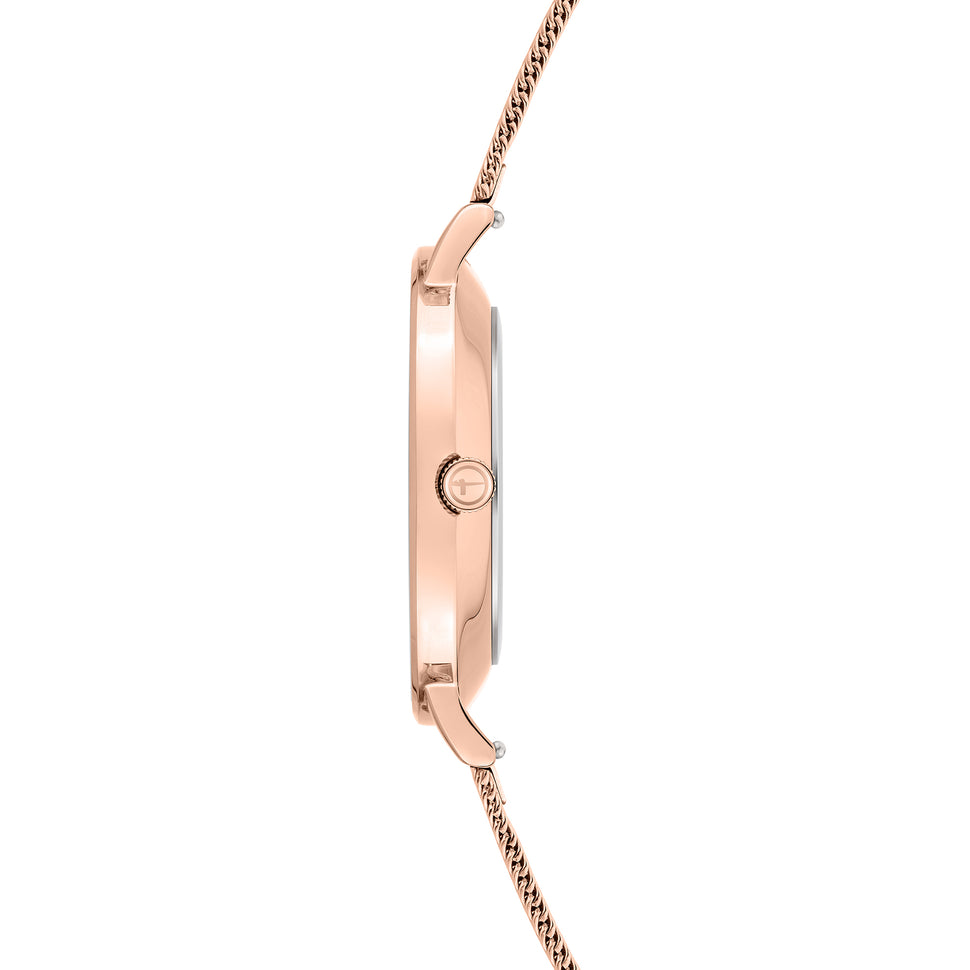 Tamaris Armbanduhr mit roségoldenem Herzdetail auf dem Zifferblatt, roségoldenem Gehäuse und roségoldenem Meshband Seitenansicht