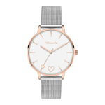 Tamaris Armbanduhr mit Herzdetails im Zifferblatt, roségoldenem Gehäuse und Indizes und silbernem Meshband Produktbild