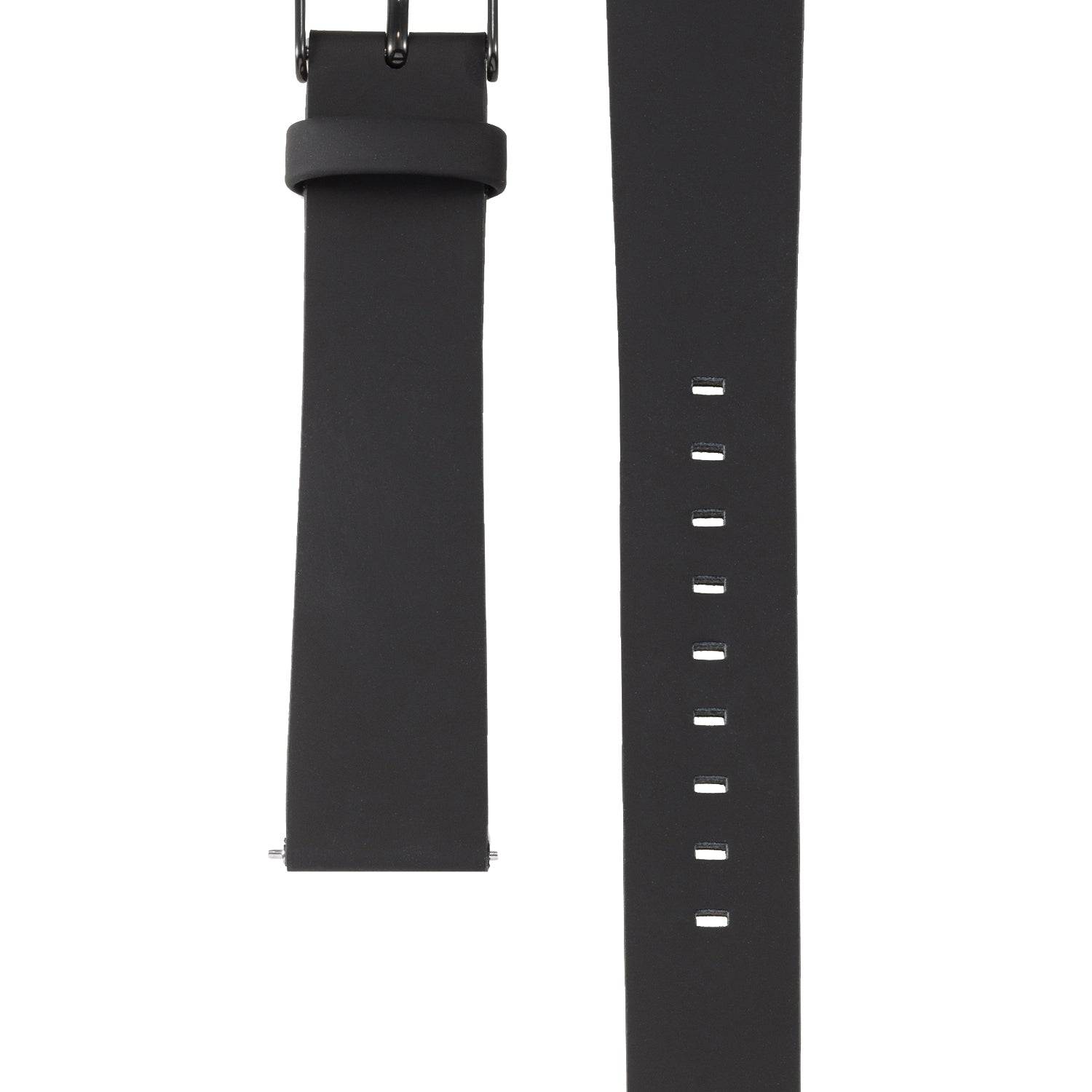 Zwei schwarze LIEBESKIND BERLIN Uhrenband - Easy Change Armbänder von Liebeskind Berlin, eines mit Schnalle und eines mit Verstelllöchern, sind auf weißem Grund abgebildet. Das Easy-Change-System ermöglicht einen schnellen und einfachen Bandwechsel.