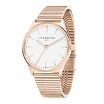 Die LIEBESKIND BERLIN Armbanduhr - Vintage Classic von Liebeskind Berlin in Roségold mit weißem Zifferblatt und elegantem Edelstahlmeshband zeigt sich aus schräger Perspektive im angesagten Retro-Style.