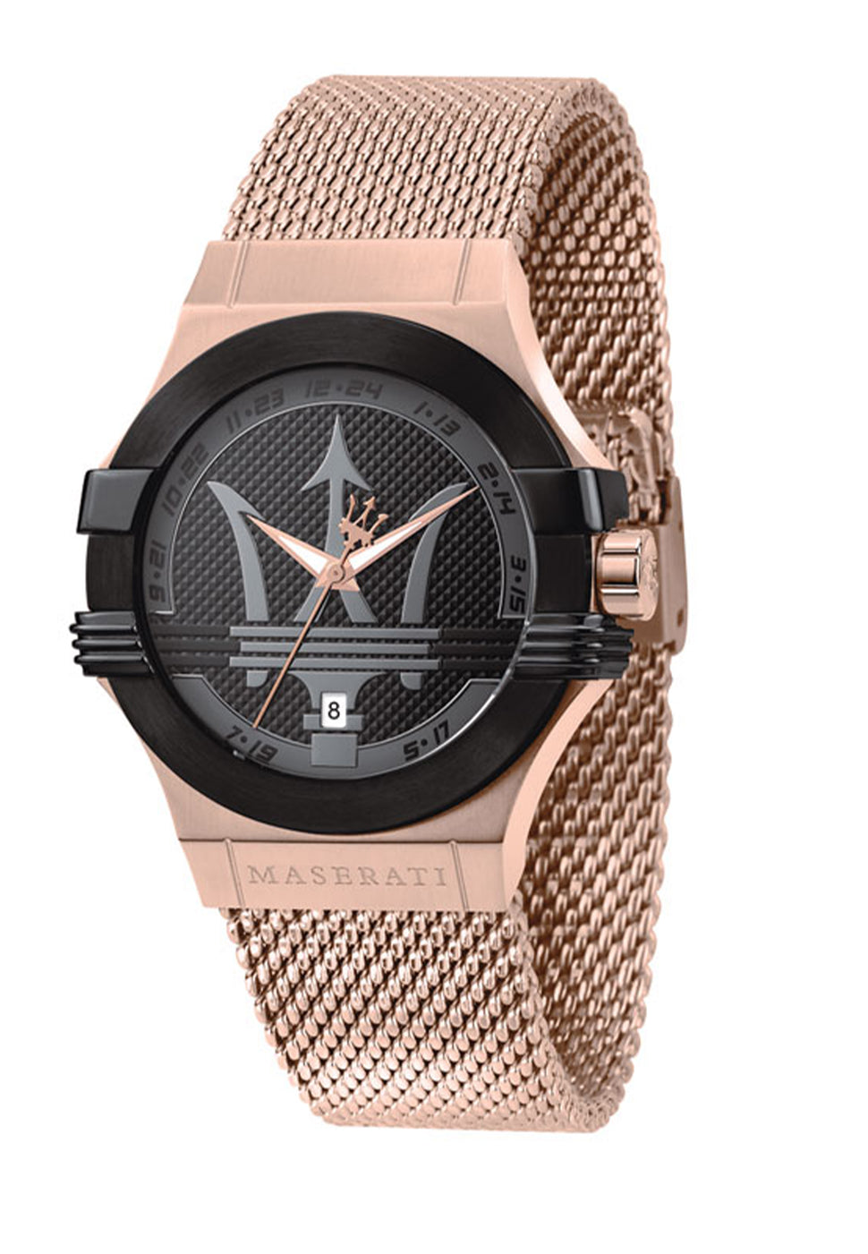 Maserati Armbanduhr mit schwarzem Zifferblatt, roségoldenem Gehäuse und roségoldenem Mesh-Armband, großem Maserati-Logo und Datumsanzeige Produktbild