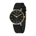 Liebeskind Berlin Armbanduhr mit schwarzem Zifferblatt, goldenen Indizes, goldenem Gehäuse und schwarzem Lederband; Produktbild