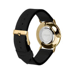 Liebeskind Berlin Armbanduhr mit schwarzem Zifferblatt, goldenen Indizes, goldenem Gehäuse und schwarzem Lederband; Rückansicht