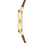 Liebeskind Berlin Armbanduhr mit goldenem Gehäuse und braunem Lederband Seitenansicht