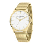 Die LIEBESKIND BERLIN Armbanduhr - Vintage Classic für Damen besticht durch ihr weißes Zifferblatt, ein goldfarbenes Mesh-Armband und minimalistisches Design.
