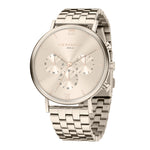 The LIEBESKIND BERLIN Armbanduhr – Modern Chronograph features a silver metal link band, three subdials, minimalist markers, and Roman numerals at 12 and 6 on a champagne face—a timeless yet modern watch.