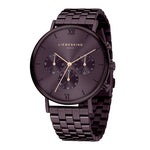 The LIEBESKIND BERLIN Armbanduhr – Modern Chronograph features a stylish metallic dark purple design, round face, three subdials, Roman numerals at 12 and 6, and a sleek link bracelet band.