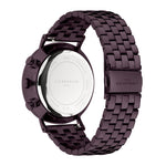 A close-up of the back view of a LIEBESKIND BERLIN Armbanduhr – Modern Chronograph with a dark metallic link bracelet and stainless steel case back, showing brand engravings and specifications.