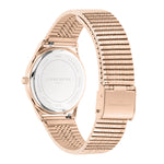 Liebeskind Berlin Armbanduhr mit roségoldenem Gehäuse und roségoldenem strukturierten Edelstahlmeshband Rückansicht