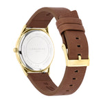 Liebeskind Berlin Armbanduhr mit goldenem Gehäuse und braunem Lederband Rückansicht