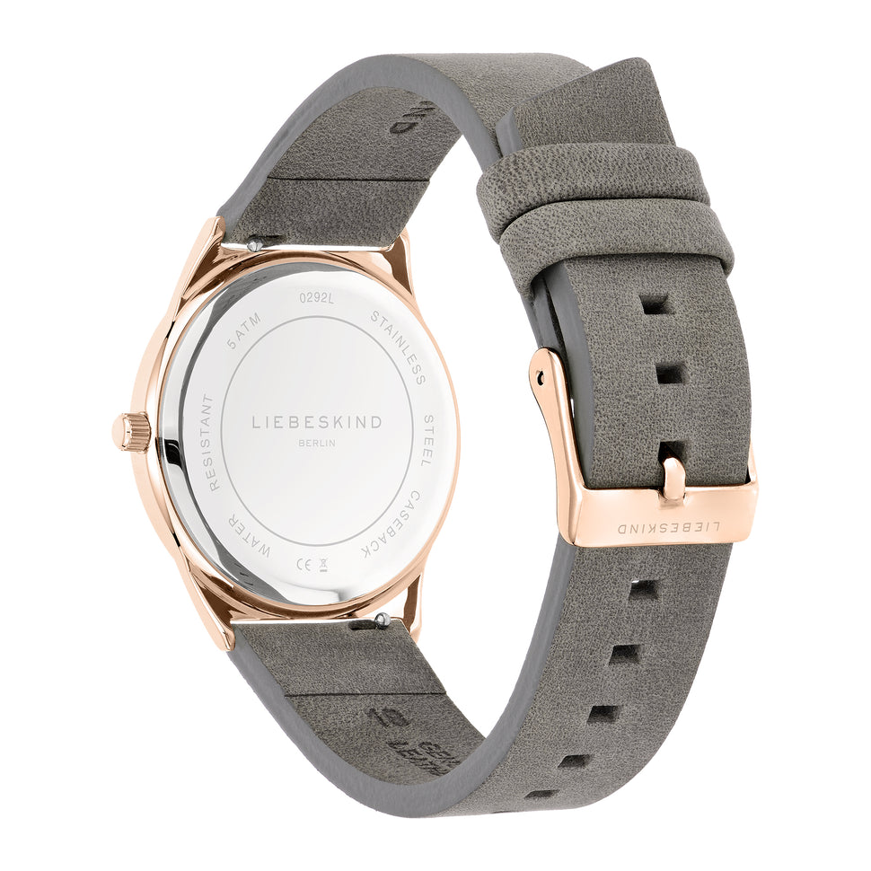 Liebeskind Berlin Armbanduhr mit roségoldenem Gehäuse und grauem Lederband Rückansicht