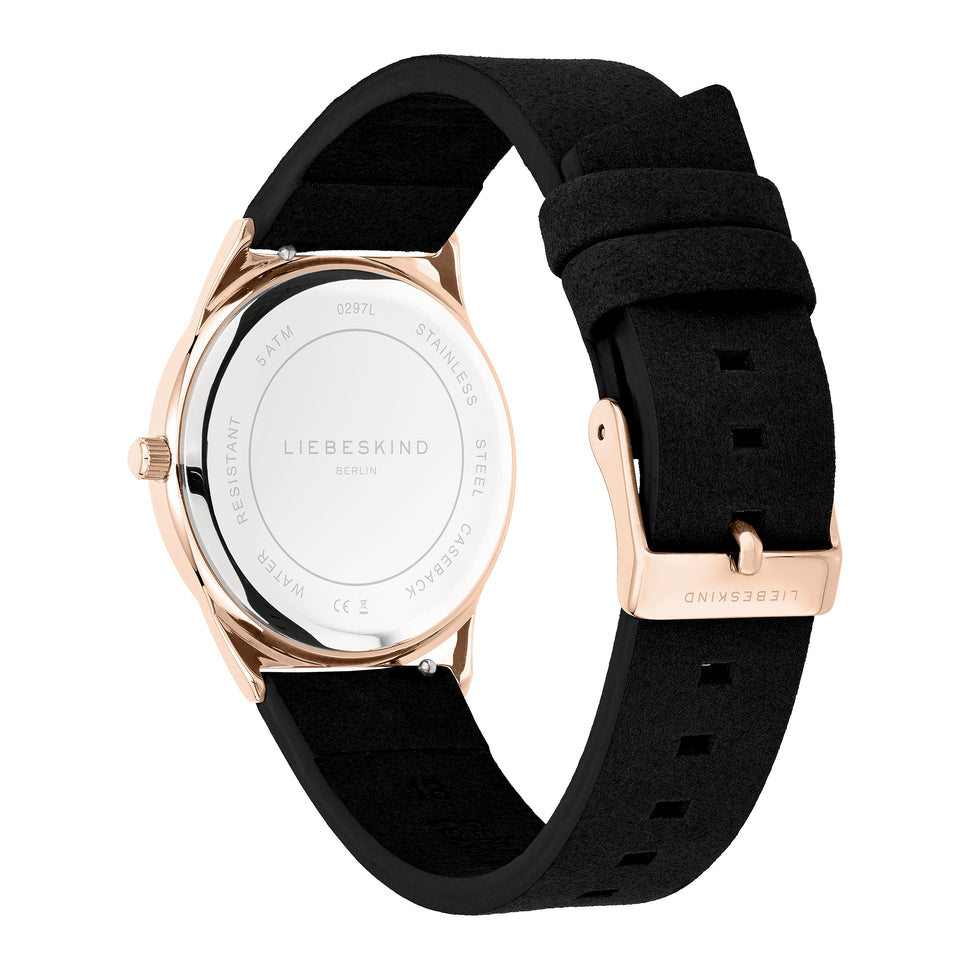 Liebeskind Berlin Armbanduhr mit schwarzem Zifferblatt, roségoldenem Gehäuse und schwarzem Lederband Rückansicht