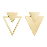 Die LIEBESKIND BERLIN Ohrhänger "The Geometric" von Liebeskind Berlin: Ein moderner Edelstahl-Look mit einem goldenen Statement-Ohrring im Dreieck-Design und einem mit zwei gestapelten Dreiecken. Perfekt für stilbewusste Akzente.