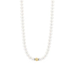 Die Ti Sento Milano Halskette von Ti Sento Milano zeichnet sich durch schimmernde Perlen und eine Gold- und Diamantschließe aus, präsentiert sich auf einem schlichten weißen Hintergrund und strahlt zeitlose Eleganz aus.
