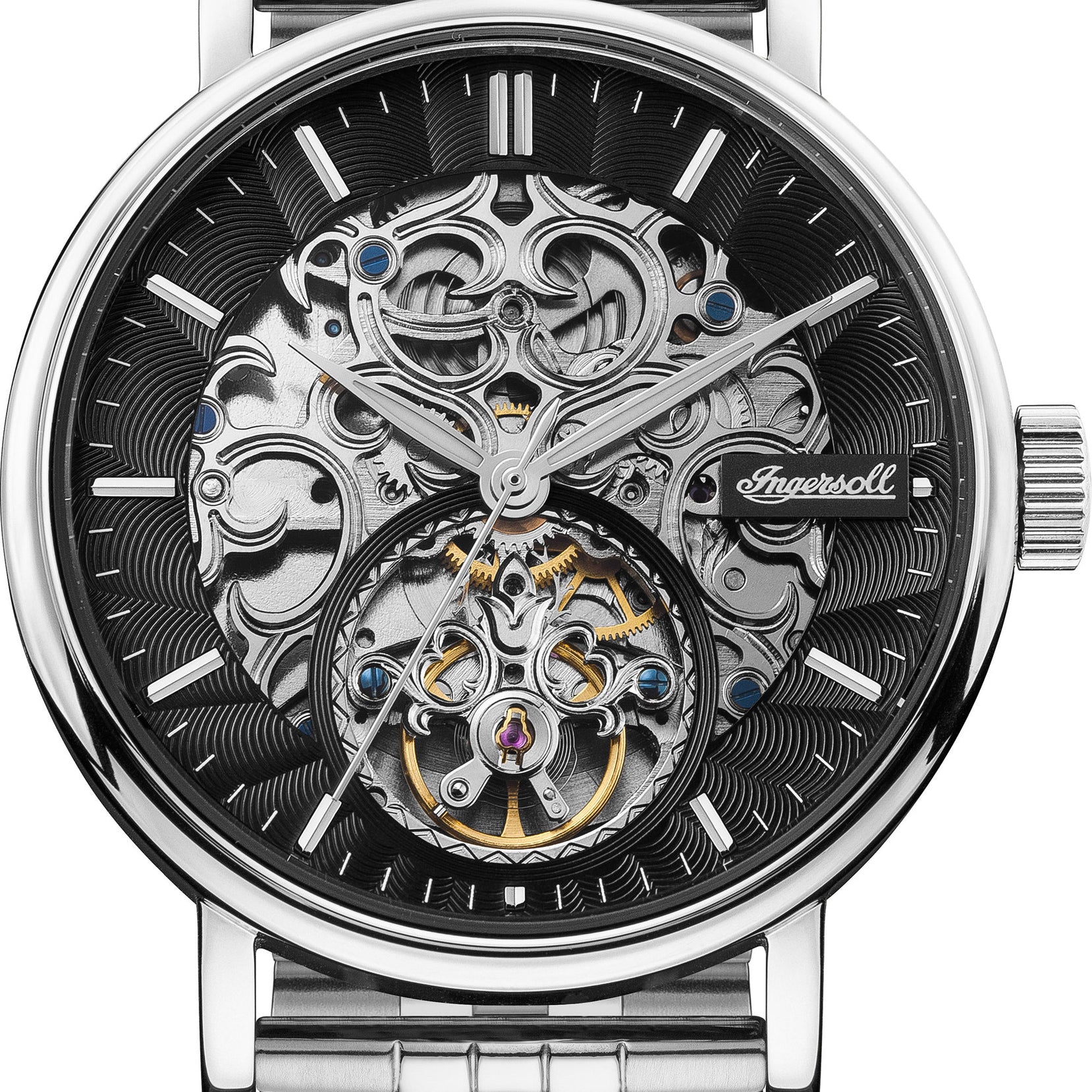 Ingersoll Armbanduhr; skelettierte Uhr in der Farbe silber mit Edelstahlband Produktbild