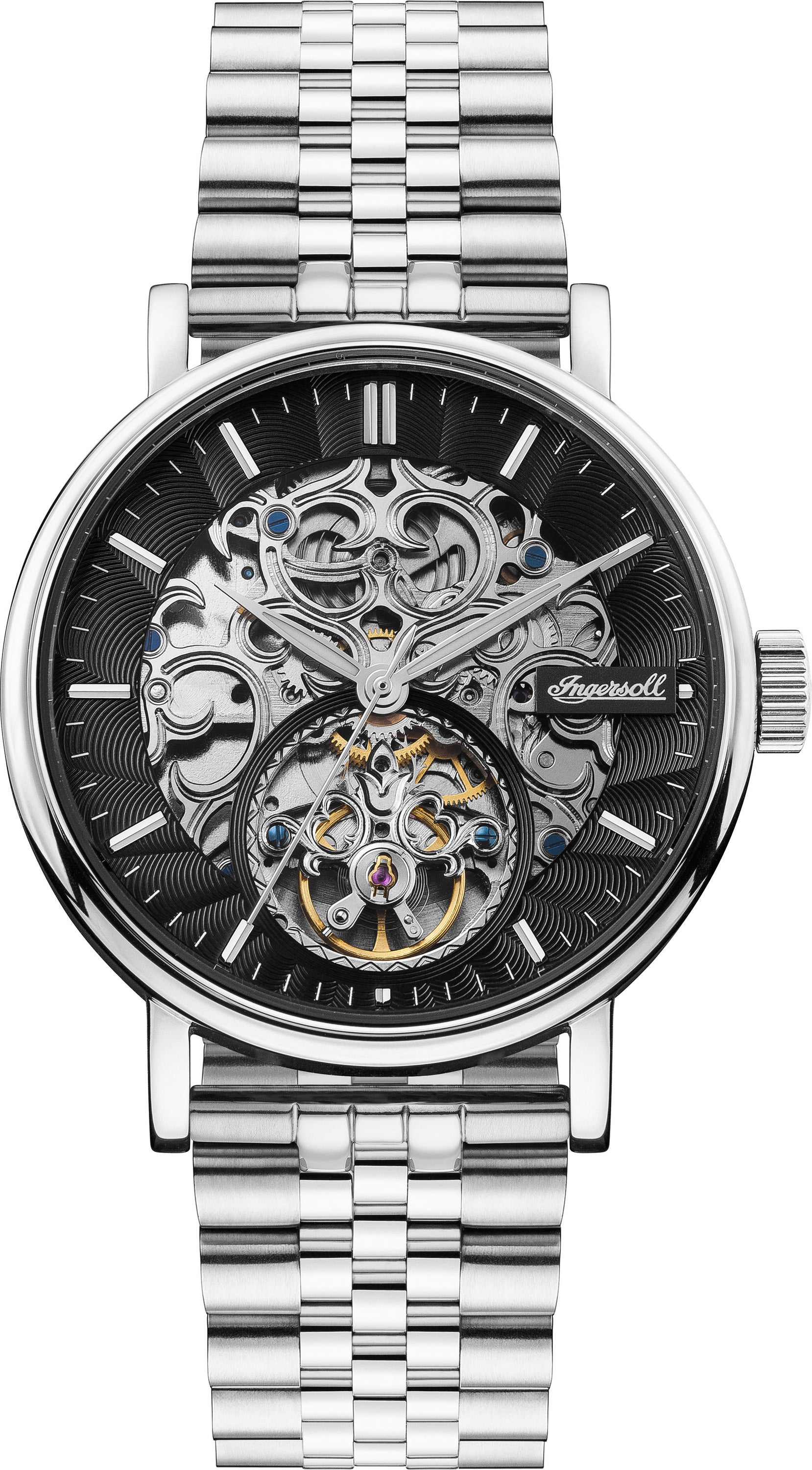 Ingersoll Armbanduhr; skelettierte Uhr in der Farbe silber mit Edelstahlband Produktbild