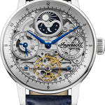 Die Ingersoll Armbanduhr - The Blue Jazz verfügt über ein skelettiertes Ziffernblatt, blaue Zeiger, Mondphasenanzeige und ein blaues Lederarmband mit sichtbarem Ingersoll-Branding.