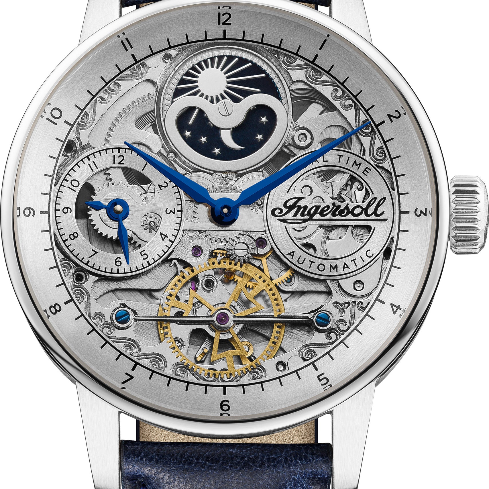 Ingersoll Armbanduhr mit skelettiertem Ziffernblatt in der Farbe silber und blauem Lederband Produktbild