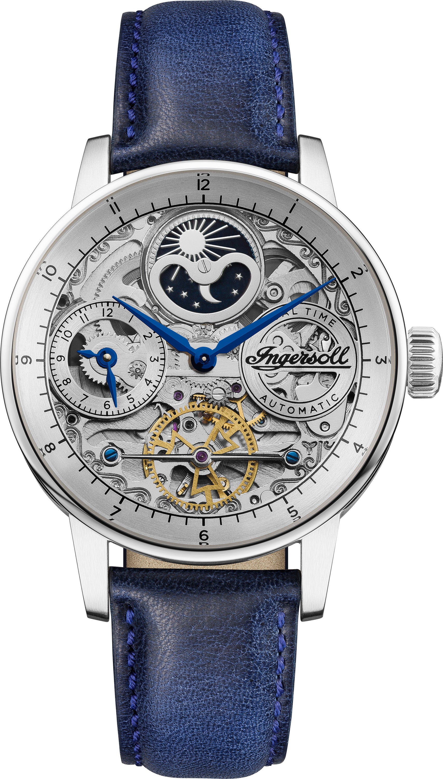 Ingersoll Armbanduhr mit skelettiertem Ziffernblatt in der Farbe silber und blauem Lederband Produktbild