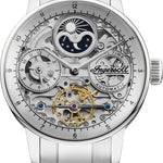 Die Ingersoll Armbanduhr - The Jazz von Ingersoll verfügt über ein skelettiertes Zifferblatt mit freiliegenden Zahnrädern und Mondphase, ergänzt durch ein schlankes Metallgliederarmband.