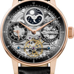 Die Ingersoll Armbanduhr - The Brown Jazz verfügt über ein gold-schwarzes Design mit skelettiertem Ziffernblatt, sichtbaren Zahnrädern, Mondphase und Automatik-Uhrwerk sowie schwarzem Lederarmband.